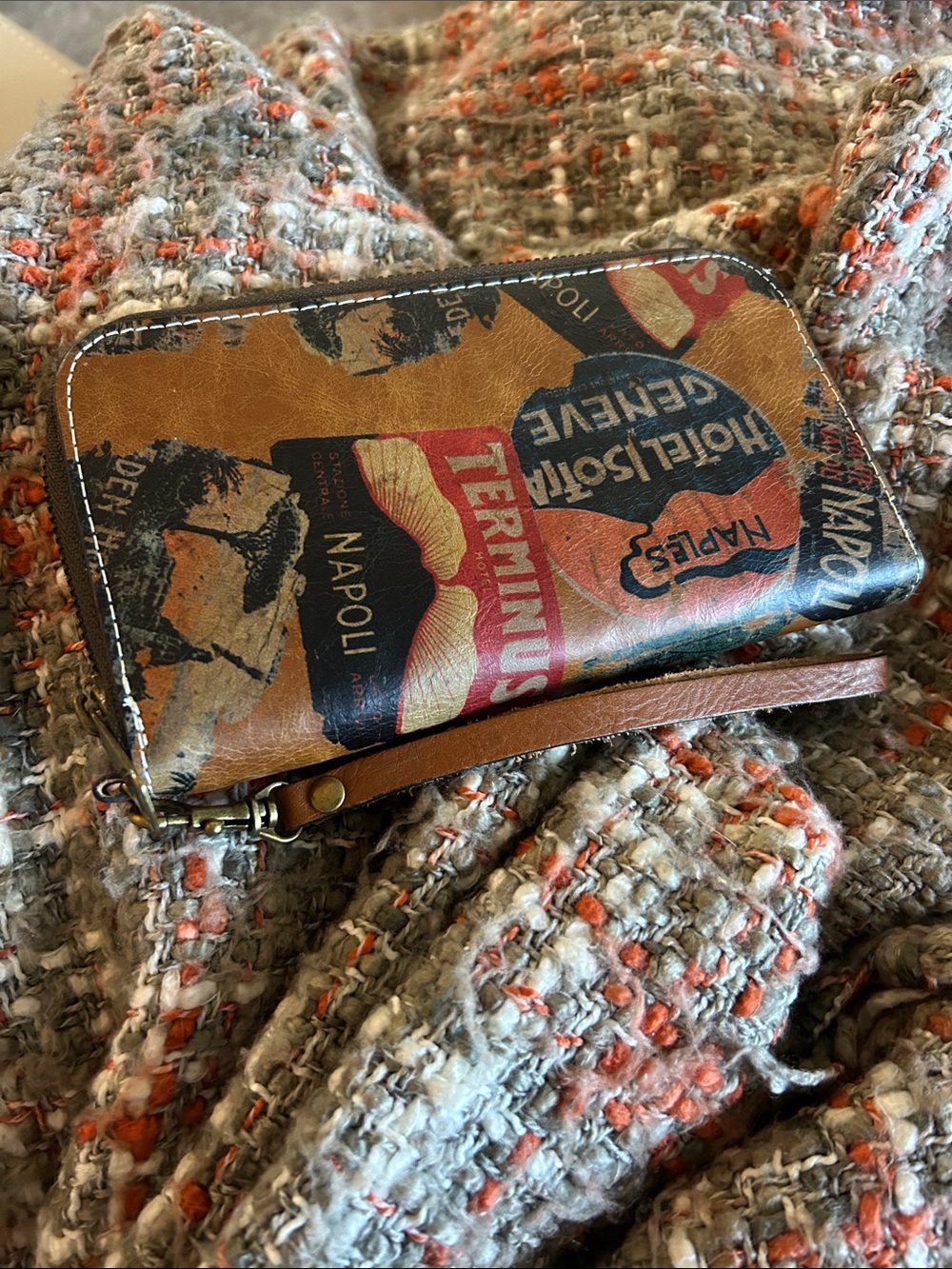 Patricia Nash Vintage Hotel Passport Wristlet Sticker Print Wallet EUC Leather